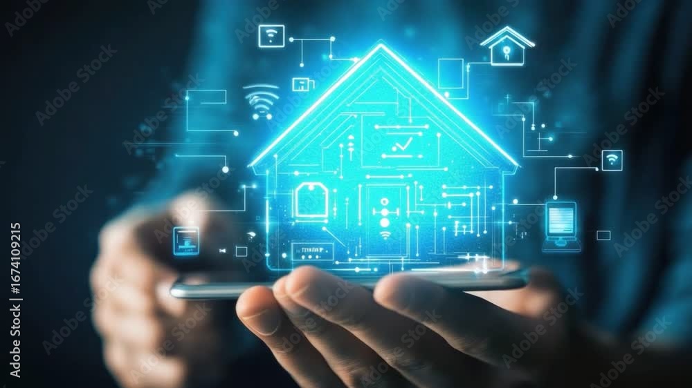 Poster a person interacts with a smart home interface, showcasing advanced technology and digital connectiv