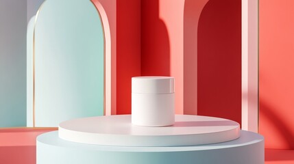 A white skincare product is placed on the circular podium