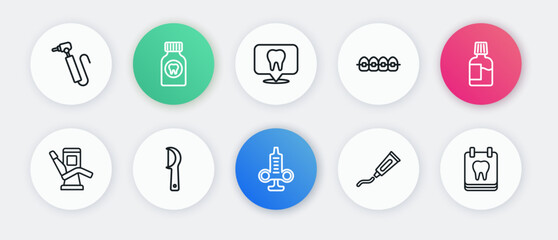 Set line Syringe, Mouthwash, Medical dental chair, Tube of toothpaste, Teeth with braces, Dental clinic location, Calendar and floss icon. Vector