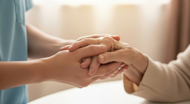 Close-up shot of a caregiver's hands tenderly holding an elderly person's, showing care and support - Powered by Adobe