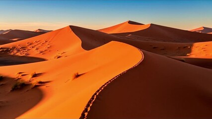 Desert landscape with sand dunes under a clear blue sky featuring visible footprints on the dune ridges - Powered by Adobe