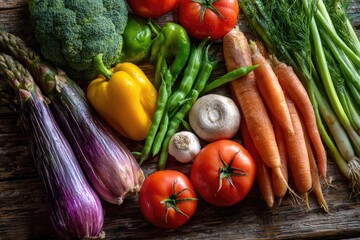Vibrant array of fresh vegetables on rustic wood
