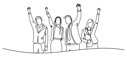 continuous line art of a group of men and women in work suits raising their hands and feeling happy about their work achievements. the concept of success and achievement in work. celebrating success