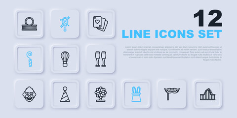 Set line Festive mask, Roller coaster, Hot air balloon, Magician hat and rabbit ears, Birthday party horn, Party, hand mirror and Ferris wheel icon. Vector