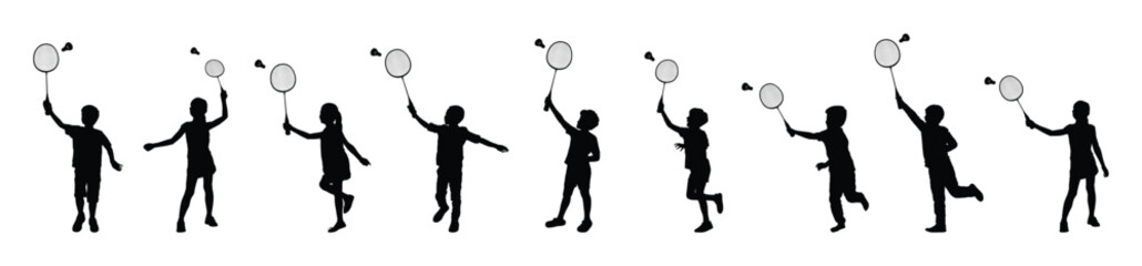 Children playing badminton in different positions black silhouette vector set collection.