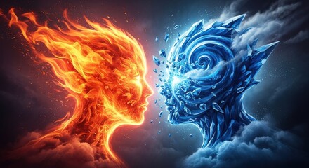 Elemental beings of fire and ice in a cosmic confrontation.