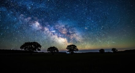 Spectacular Milky Way galaxy arching across the deep blue night sky, illuminating a serene landscape featuring silhouetted trees