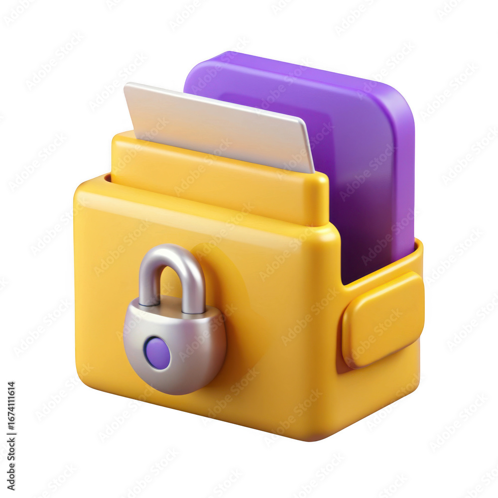 Poster 3d yellow folder with purple documents and lock isolated on transparent background