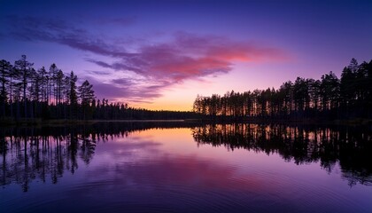 Naklejka premium calm lake at sunset with deep purple sky and tall pine trees reflecting in the water