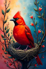 Vibrant Red Cardinal Bird Sitting on Nest with Colorful Flowers