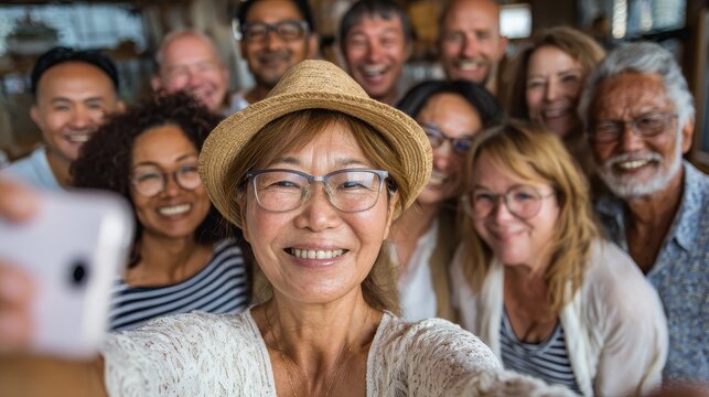 group of multigenerational people taking selfie with phone camera  multiracial friends of different ages having fun together  main focus on asian woman face no logos no brands ar 169
