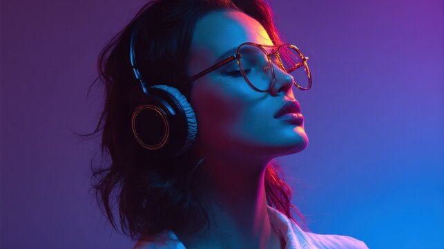 hipster igen teen pretty fashion girl model wear stylish glasses headphones enjoy listen new cool music mix stand at purple studio background in trendy 80s 90s club blue party light profile view no l