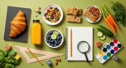 Creative overhead flat lay of back-to-school supplies and a balanced, healthy lunch with fresh fruit for students