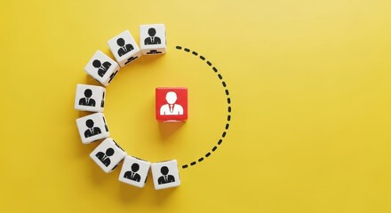 Teamwork Concept Red Leader Surrounded by Team Members, Unity, Leadership, Strategy on Yellow Background