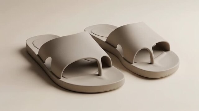 A studio shot showcases two beige sandals in a thong style. They rest on a neutral surface, lit to emphasize form & texture. Their design appears streamlined