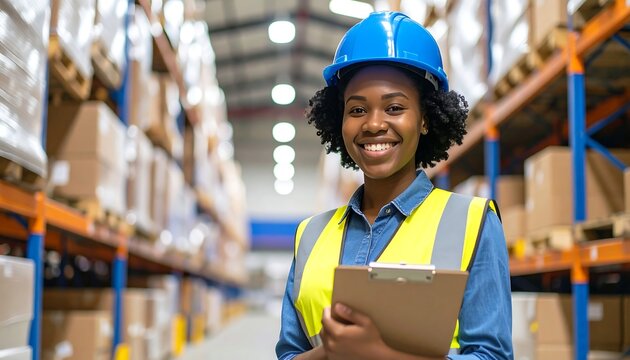 Portrait of a confident African American female worker in a hard hat and safety vest, managing inventory in a large warehouse