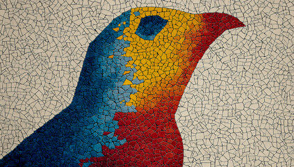 Vibrant mosaic art of a bird s head in profile with colorful plumage against a textured background