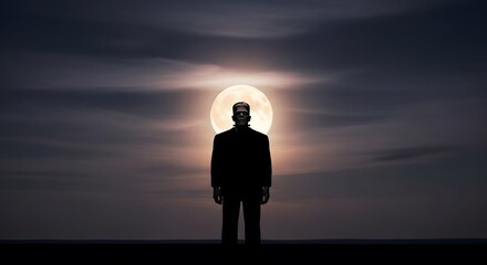 Silhouetted figure stands before a luminous full moon, a dark and eerie scene under a brooding night sky. The atmosphere is mysterious and slightly ominous.