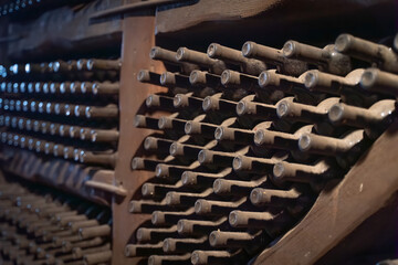 wine bottles in wine cellar warehouse background
