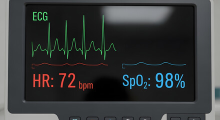 Close-up of a medical monitor displaying ECG, heart rate (72 bpm), and SpO2 (98%) readings.