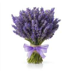 Fototapeta premium Fresh Lavender Bouquet with Purple Ribbon on White Background
