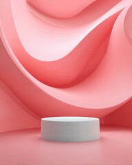 Minimalist white pedestal on a soft pink fabric background with elegant wavy textures