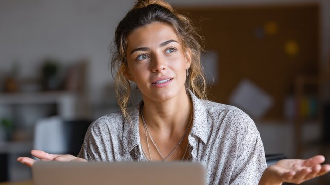 female young hispanic school math teacher college tutor coach looking at webcam and talking in classroom giving virtual teaching remote class online lesson by zoom conference call on laptop computer