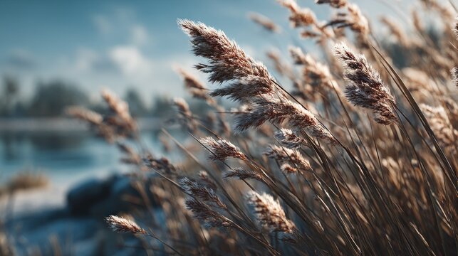 Reed plumes against a blurry winter landscape evoking cold season scenery - Powered by Adobe