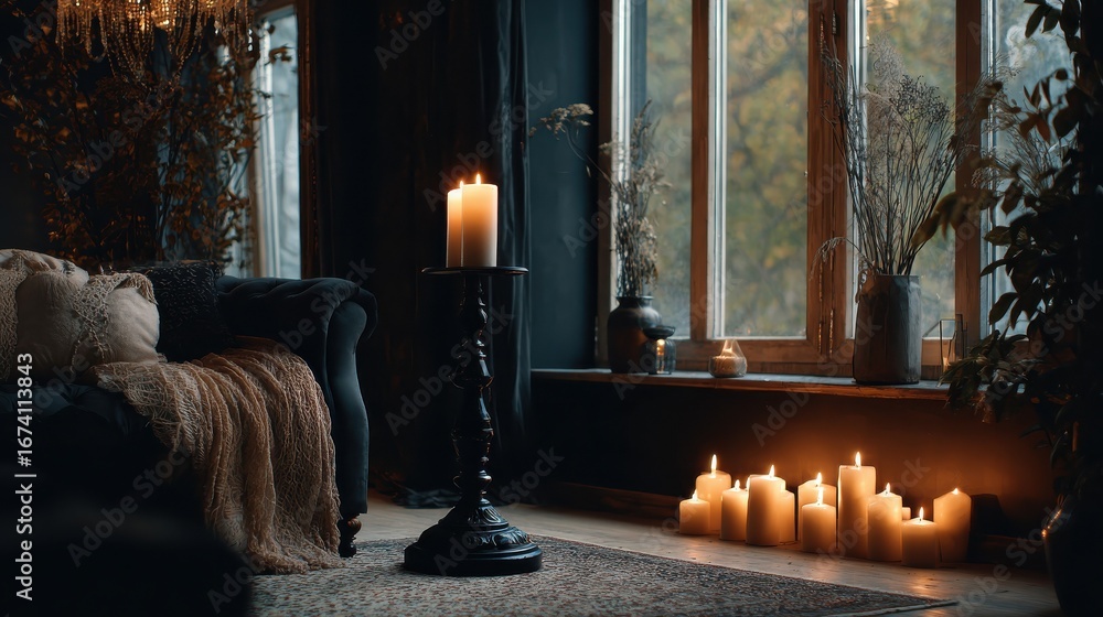 Aufkleber black lamp standing by a sofa and a row of candles lying on the floor in front of a window shedding 