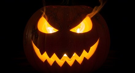 Glowing Jack OLantern With Menacing Grin Illuminates Dark Night,Fiery Eyes And Smoke Add Spooky Halloween Atmosphere