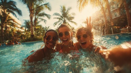 happy friends having fun inside swimming pool  young people enjoying summer holidays vacation in tropical hotel resort  travelholidaysyouth and friendship concept  warm filter no logos no brands ar 1