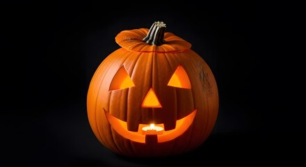 Glowing Jack-o-lantern smiles brightly against a stark black background, its carved face illuminated by a flickering candlelight, a classic Halloween symbol of autumn festivities and spooky fun.