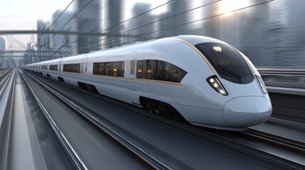 Naklejka premium Sleek white high speed train glides along tracks with a blurred cityscape in the background