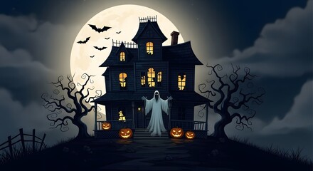 Eerie spectral figure emerges from a haunted mansion, illuminated by a full moon, bats circling overhead, adding to the spooky Halloween atmosphere. Jack-o-lanterns glow ominously.
