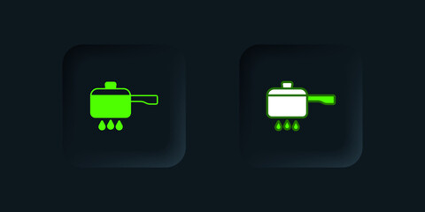 Green Cooking pot on fire icon isolated on black background. Boil or stew food symbol. Black square button. Vector