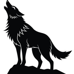 Black silhouette of a wolf howling on a rock white 1