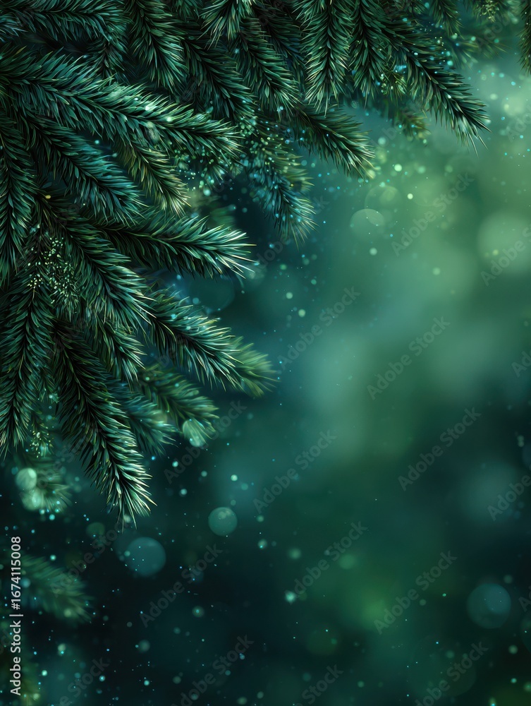 Poster green christmas background with tree branches and bokeh lights generative ai