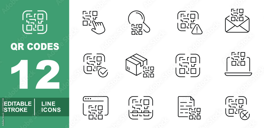 Poster qr codes line icon set. exclusive qr codes line icon collection. containing qr code with finger tap,