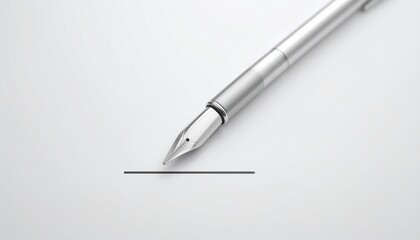 Minimalist composition of a metallic fountain pen drawing a firm line, conceptualizing the act of signing, commitment, and starting fresh