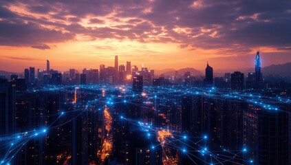 City skyline at sunset, network lines