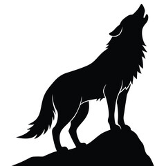 Black silhouette of a wolf howling on a rock white 3