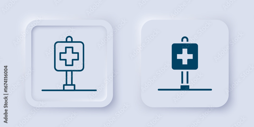 Poster filled and outline medical map pointer with cross hospital icon isolated on grey background. square 