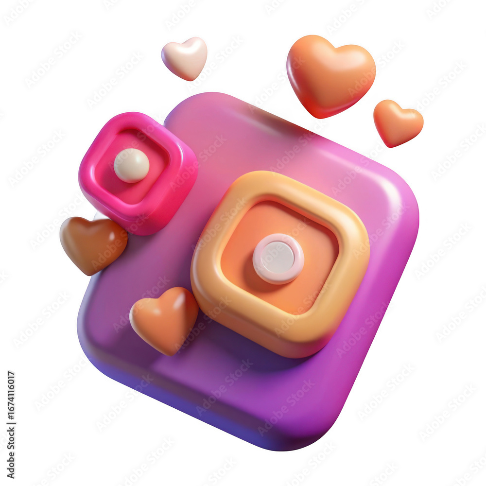Poster 3d abstract heart shapes and glossy forms isolated on transparent background