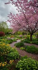 Naklejka premium Pink Blossom Path: Spring Garden Serenity
