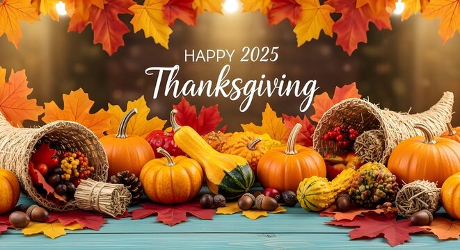 2025 Thanksgiving Holiday Background &ndash; Autumn Leaves, Pumpkins & Fall Decor on Turquoise Table