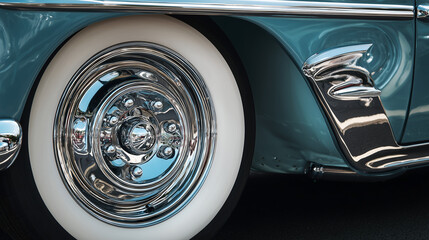 "Close-up of a polished chrome vintage car wheel with wide whitewall tires on a classic blue automobile." ✨🚗