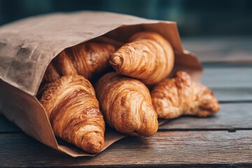 Freshly Baked Golden Croissants in a Brown Paper Bag on Rustic Wooden Table