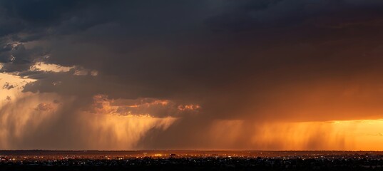 Stormy weather over city landscape with heavy rain and dramatic clouds at sunset for weather forecast