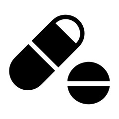 Simple black and white medication pills icon representing medicine, health, and treatment