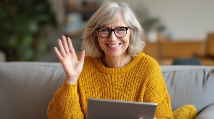 happy 60s older mature middle aged adult woman waving hand holding digital tablet computer video conference calling by social distance virtual family online chat meeting sitting on couch at home no l